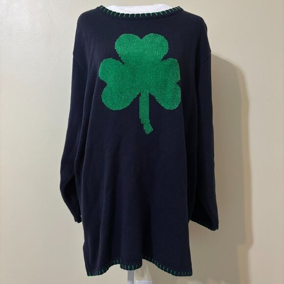 Quacker Factory Sweater Womens Plus 1X Navy Blue St Patricks Day Green Shamrock - Picture 2 of 16